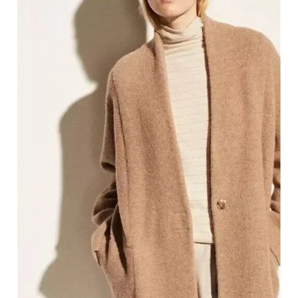 Vince Collarless Cardigan Coat Italian Wool Alpaca Bouclé Knit Camel XL NWT